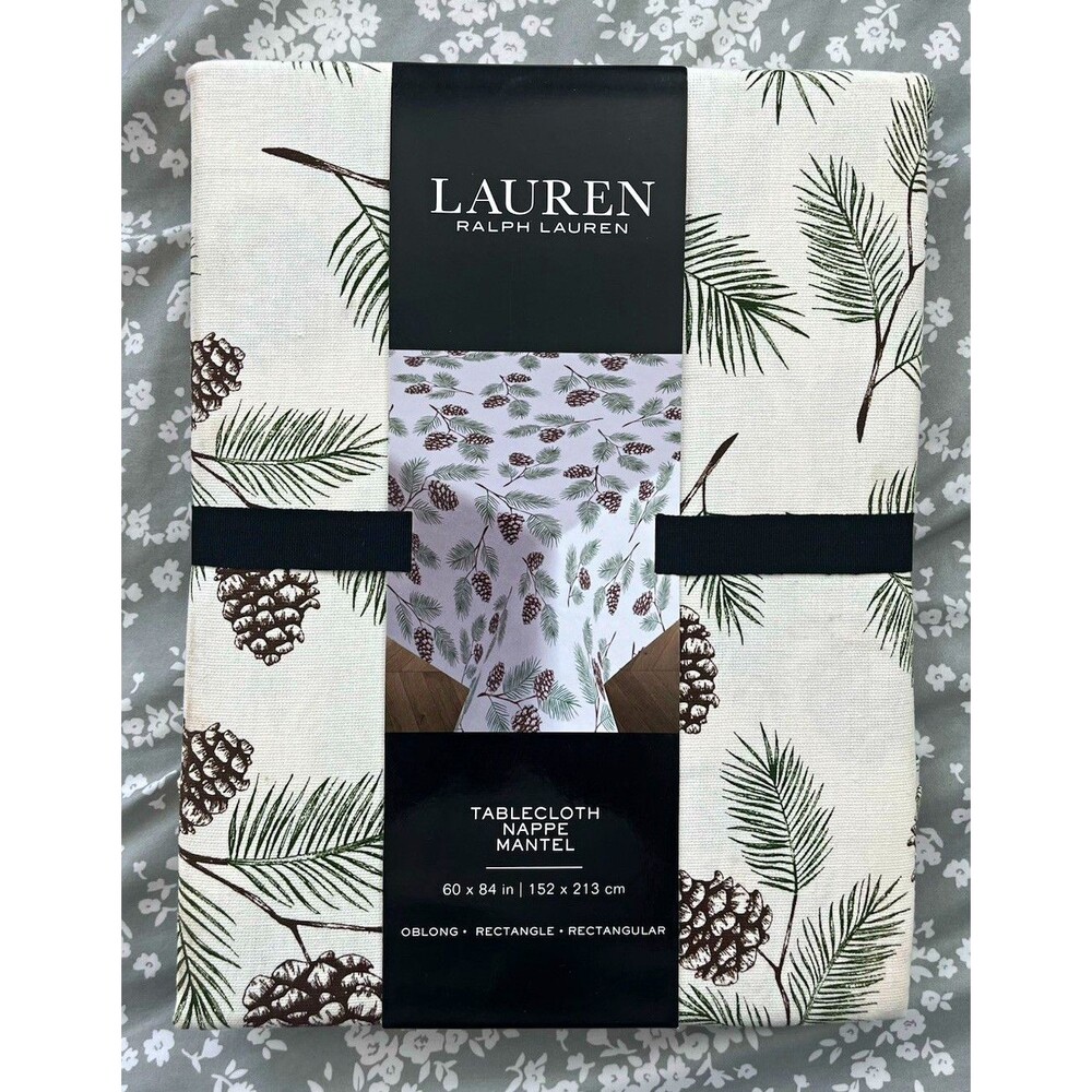 NWT Lauren Ralph Lauren Pinecone Cotton Tablecloth 60x84 Oblong Ivory Holiday